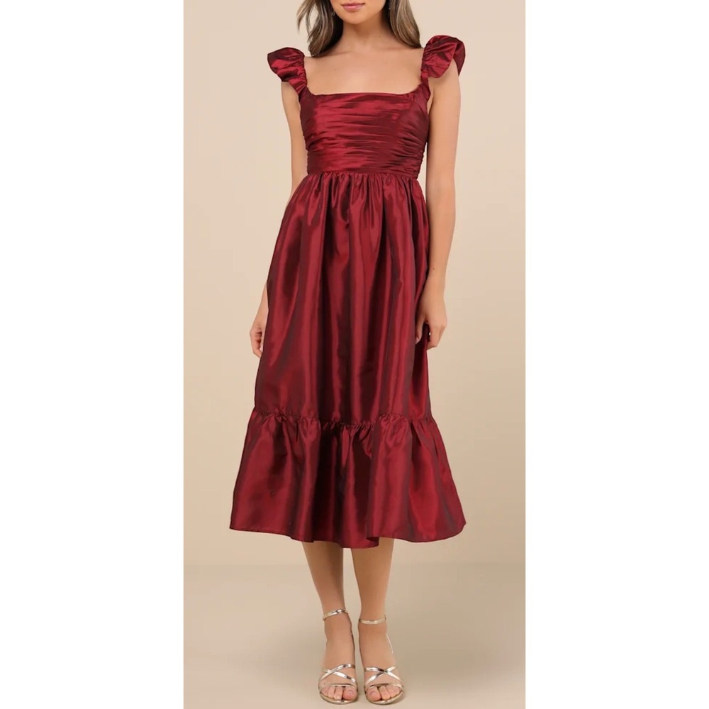 NWT Lulus Size XS Poised Passion Wine Red Taffeta Pleated Ruffled Midi Dress